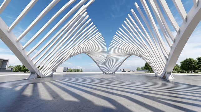 3D render of abstract white spiral arches tunnel under a clear blue sky, perspective view of modern minimalist architectural background