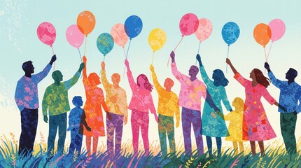 Obraz premium Group of diverse people holding colorful balloons stands in grassy field. Men women, children celebrate life together outdoors under bright sky. Colorful illustration represents unity happiness,