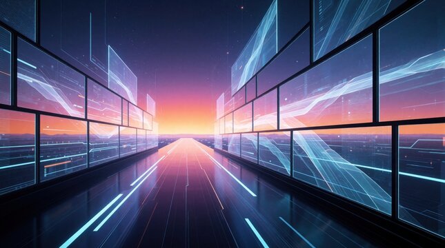 Abstract corridor with multiple glowing digital screens displays futuristic data lines. Neon tech wall illumination creates immersive cyberspace environment. Virtual network grid portal shows
