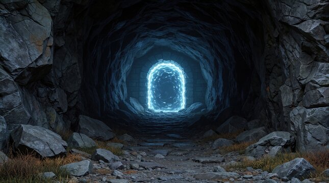 Stone tunnel leads to glowing blue portal gate. Dark cave passage with rough rock walls and floor. Mysterious entrance beckons for exploration into unknown realm.