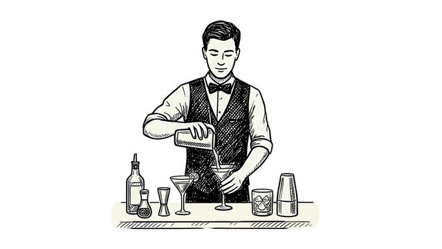 Vintage line art style illustration of a professional male bartender in waistcoat pouring a cocktail from a shaker into a glass behind a bar counter. Classic bar culture concept