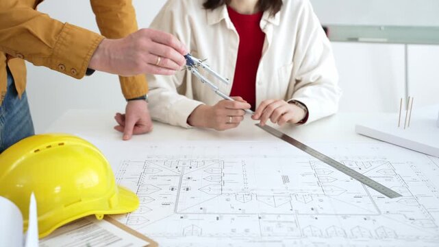 Woman architect drawing technical blueprint plans for a new house design. Developing innovative construction projects for modern residential building development