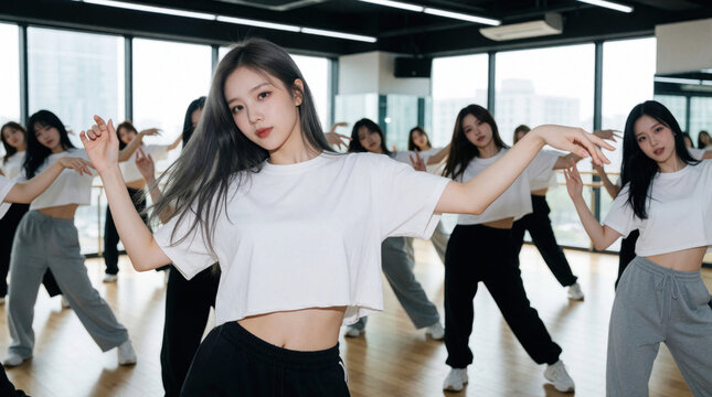 Young women practice K-pop dance moves in studio. Group of girls train choreography with focus and energy. Performers wear casual outfits for dance class.