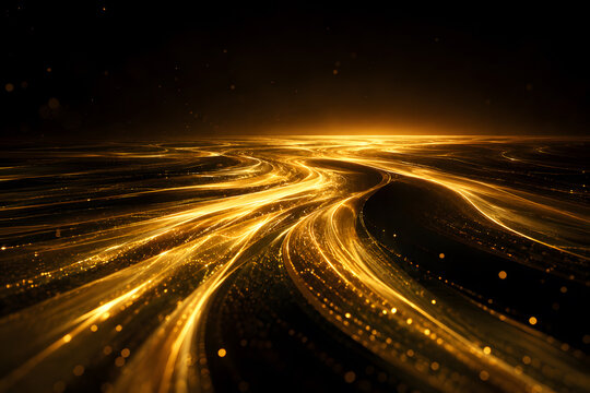 Infinite Golden Energy Waves Flowing Toward the Horizon on Luxury Abstract Background