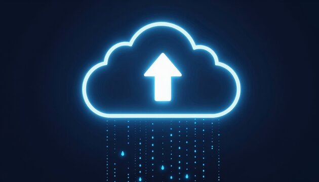 Glowing Neon Cloud Upload Icon with Digital Rain Effect