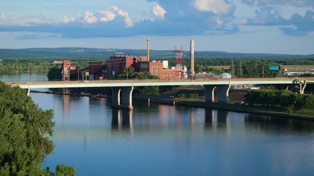 Closer Drone Shot of the Connecticut River and Charter Oak Bridge with Waste to Jet Fuel Energy Facility Moving Forward