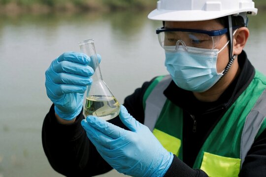 Scientist in mask helmet goggles holds flask with yellow liquid. Man tests water quality near lake wearing blue gloves and safety vest. Researching ecology.