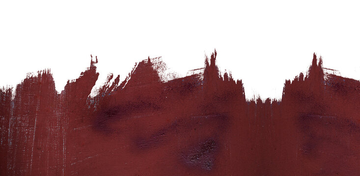 Abstract wide stripe of dark burgundy paint with textured brush strokes on isolated background.