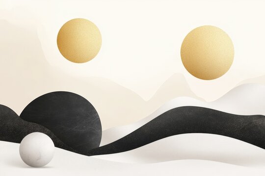 Abstract Geometric Landscape with Gold Elements and Organic Shapes