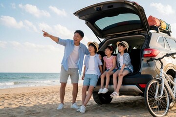 Fototapeta premium Happy Asian father points at sea for three children sitting in open trunk of car on beach. Family on summer road trip vacation enjoys ocean view at coast. People wear hats, casual clothes near bike