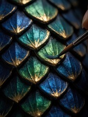 Fototapeta premium Artist hand paints golden details on dragon scales using thin brush. Close up view shows iridescent blue, emerald green skin texture with metallic paint finish. Craft work displays fantasy reptile