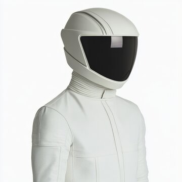 Futuristic White Helmeted Man in Minimalist Outfit Suit: An Exploration of Modern Aesthetics