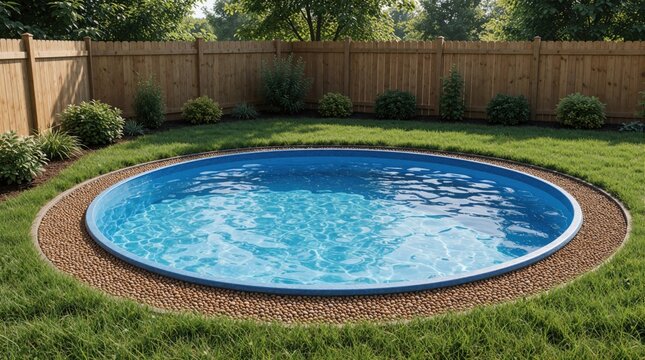 Round outdoor swimming pool in private backyard garden with green lawn, wooden fence. Clear blue water in circle basin for summer recreation. Sunny daylight landscape design with grass area for