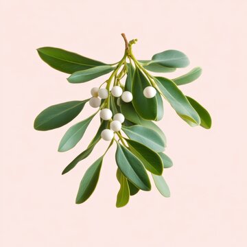 Elegant Mistletoe Branch with Lush Green Leaves and White Berries on a Soft Pink Background