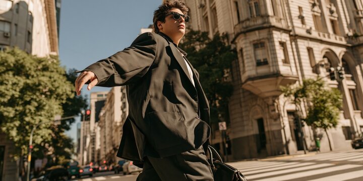 Man walking across urban street in oversized suit confident businessman look for city banner background and fashion editorial