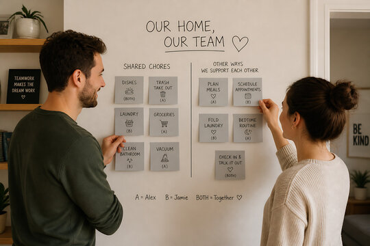 Two people are looking at a chore chart displayed on a wall in a home setting.