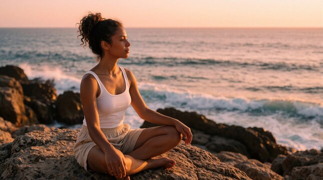 Woman meditates on ocean rocks at sunset. She sits cross-legged facing the sea, eyes closed. Gentle waves lap the shore under a warm colored sky.