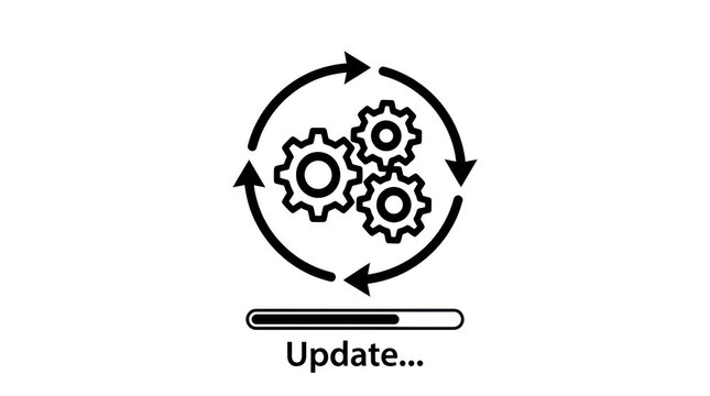 Interlocking gears with circular arrows and progress bar flat icon style cogwheels toothed wheels mechanical rotating cyclic circle loading update vector monochrome black