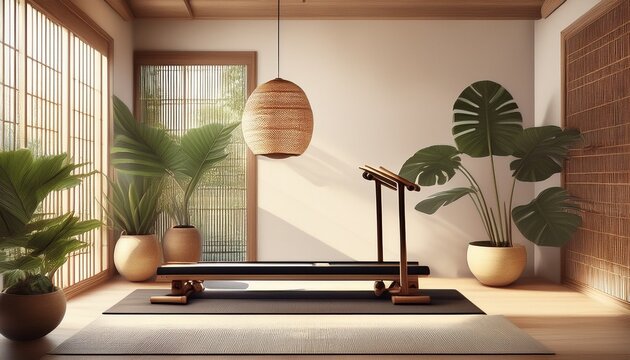 modern luxury home gym interior design in japandi style with wooden water rower machine yoga mat and green monstera plant