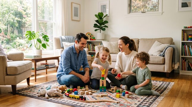 Happy family playing with wooden toys on a rug in a bright living room with large windows