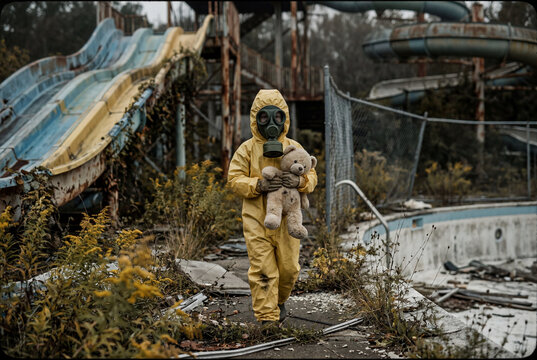 Child in yellow hazmat suit and gas mask holding teddy bear in ruins