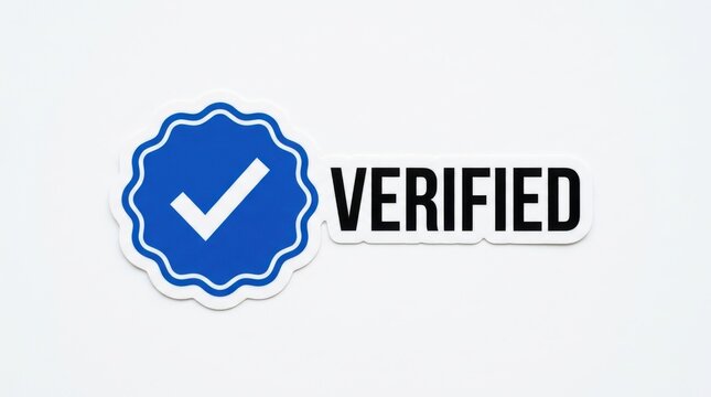 Blue verified badge with checkmark and the word verified on a white surface approval authentication authorization confirmation credential endorsement genuine guarantee identification legitimacy