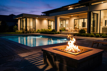 Fototapeta premium Modern backyard fire pit and swimming pool at luxury house