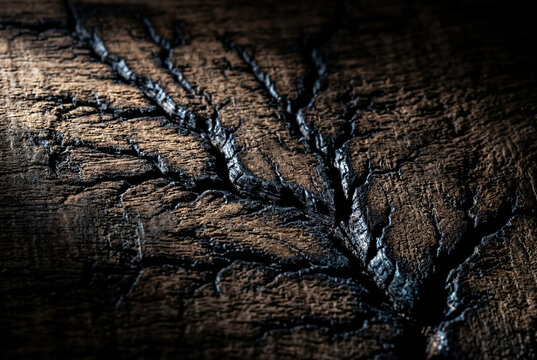 Burnt lichtenberg fractal patterns on dark wooden surface