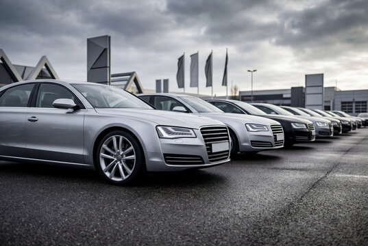 Row of new luxury sedan cars parked at dealership lot