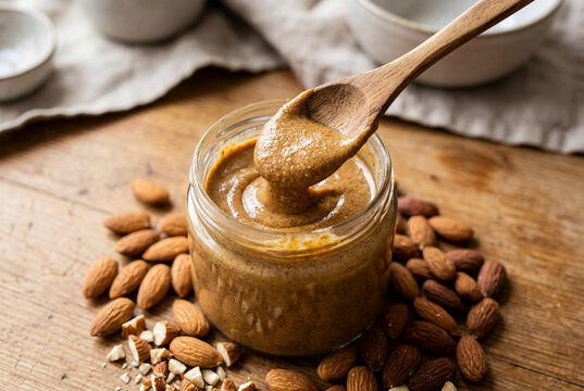 Fresh almond butter in glass jar with wooden spoon and whole nuts on table