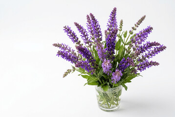 Obraz premium Vibrant purple meadow sage blossoms arranged inside a simple clear glass water vase