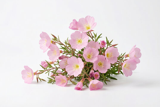 Pink evening primrose flowers isolated on clean white background studio shot