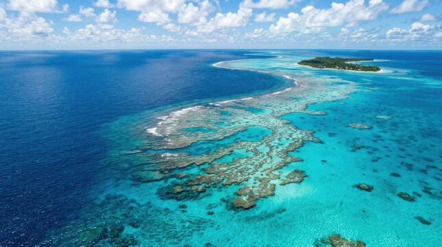 Coral reef and tropical island aerial photo with turquoise water and blue sky view atoll barrier coastal formation garden crystal clear deep sea