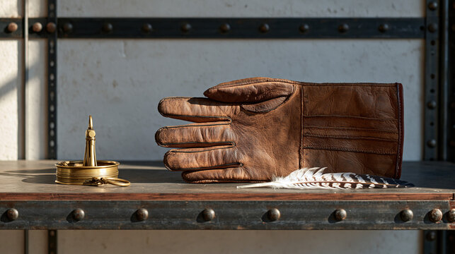 Worn leather falconry glove resting on a steel industrial shelf beside a brass jess ring and a single flight feather, a symbolic still life of falconry equipment, raptor training,