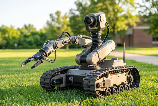 Military bomb disposal robot operating on green grass lawn