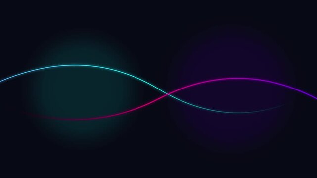 Neon wave motion background: abstract cyan and magenta glowing sine waves on dark backdrop, animation 4k