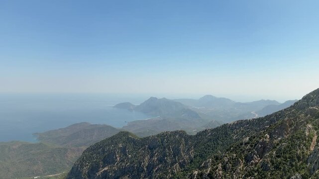 View of mountains and sea from a high point in Turkey on a sunny day