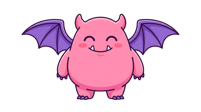 Adorable pink chubby monster character with purple wings and smiling face isolated on white transparent background