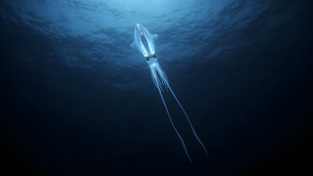 Elusive Bigfin Squid Hanging Long Tentacles in Deep Ocean Abyss Twilight Zone