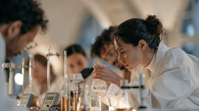 A multicultural team of cosmetic chemists works by twilight in a barrel-vaulted cellar lab, centrifuges and pH meters on reclaimed oak benches, the blue hour light from high