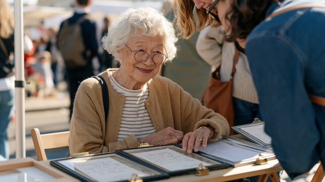 A elderly screenwriter sits at a vibrant outdoor market stall selling handwritten script pages as art, spectacles resting on her nose, tourists and locals leaning in to read her