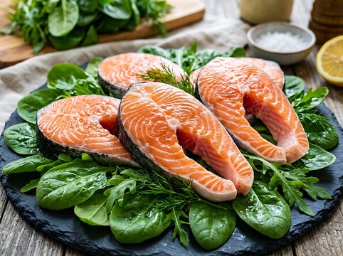 Fresh salmon steaks served with fresh green leaves on a rustic wooden table