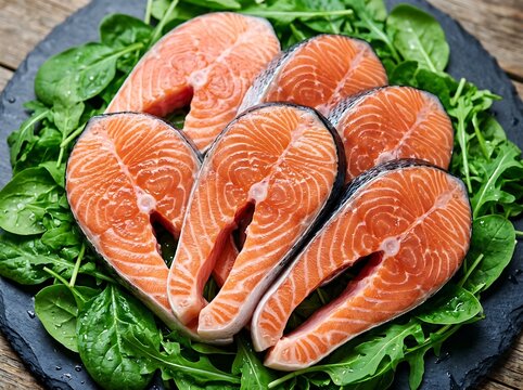 Five fresh salmon steaks arranged artfully on a bed of dark green salad leaves