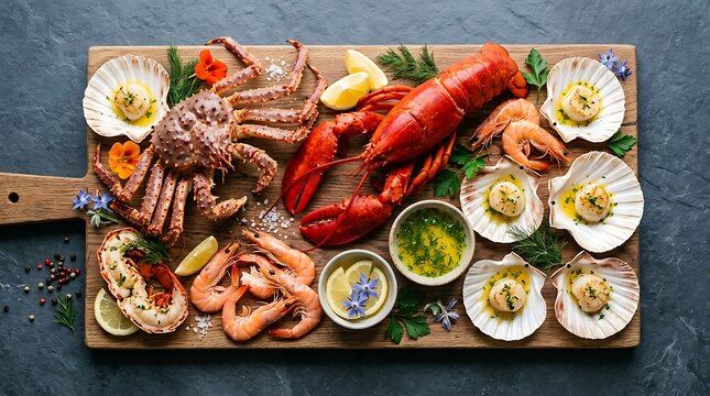 Abundant Seafood Platter Featuring Lobster Crab Scallops and Shrimp on a Wooden Board