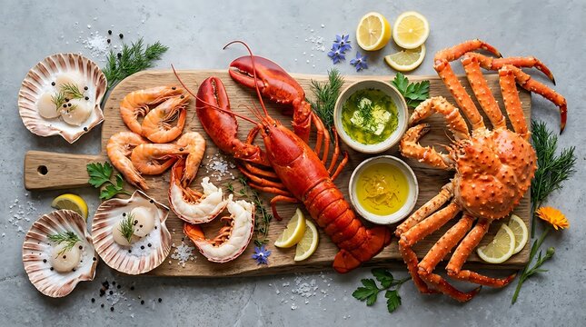 Freshly prepared assorted seafood spread with lemon and herbs on a wooden board
