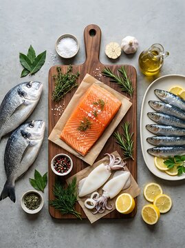 Fresh seafood assortment including salmon trout dorado and squid with lemon and herbs