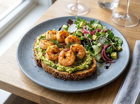 Healthy avocado toast with grilled shrimp and fresh side salad on a plate
