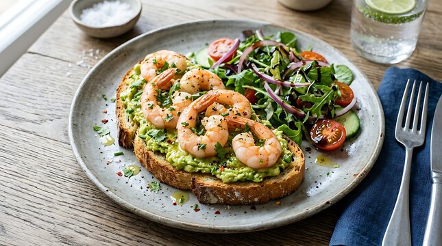 Delicious avocado toast topped with shrimp and fresh salad served on a plate