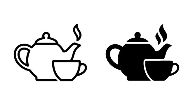 Hot Tea Set Icons, Beverage Service Vector Graphics, Morning Drink Symbols, Kitchenware Design Elements