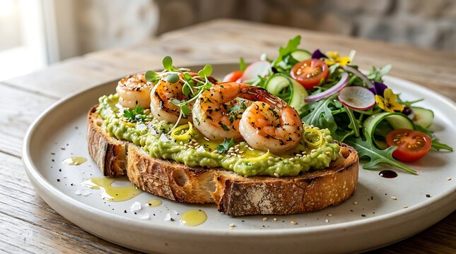 Healthy avocado toast with grilled shrimp and fresh side salad presented on a plate